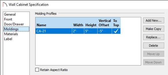 Specify the Molding Profile properties on the Moldings panel