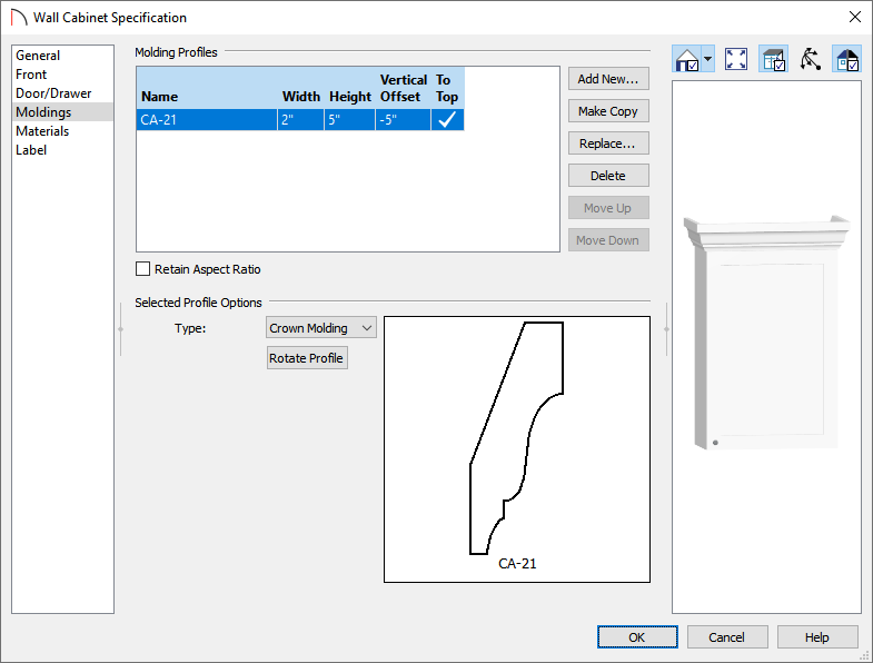 Specify the Molding Profile properties on the Moldings panel