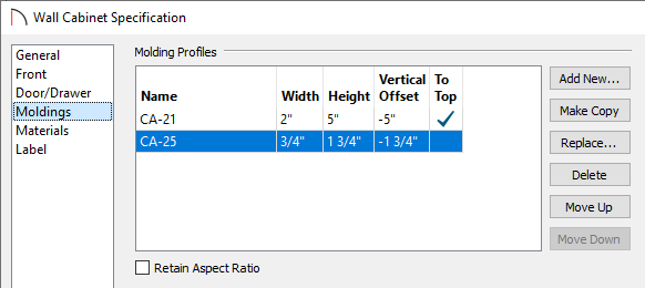 Modify the light rail Molding Profile on the Moldings panel of the Cabinet Specification dialog