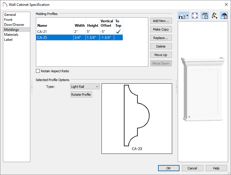 Modify the light rail Molding Profile on the Moldings panel of the Cabinet Specification dialog