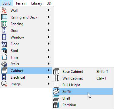 Navigating to Build> Cabinet> Soffit from the menu