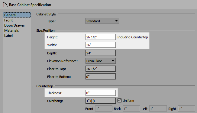 Adjust the Height, Width, Countertop Thickness, and other properties in the Base Cabinet Specification dialog