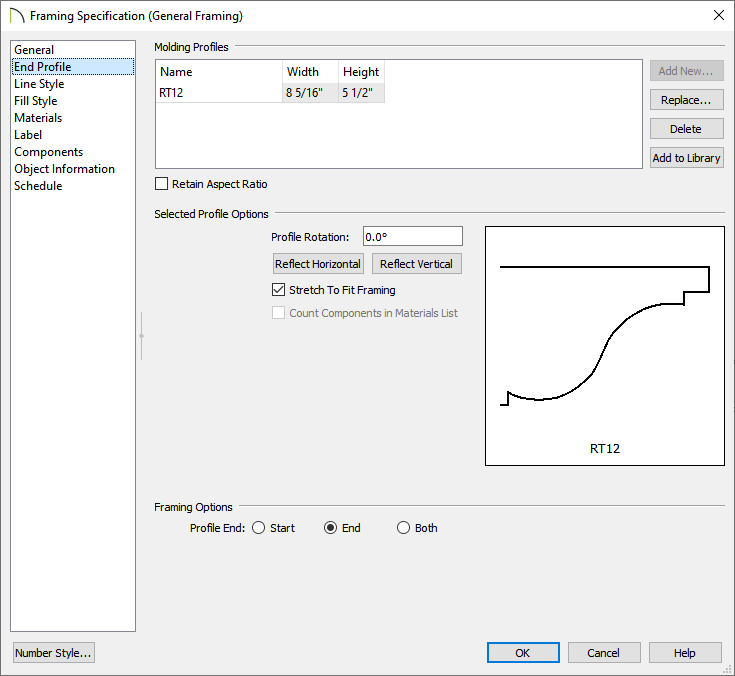 End Profile panel of the Framing Specification dialog