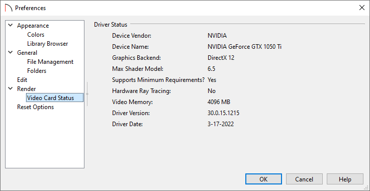 Video Card Status panel of the Preferences dialog