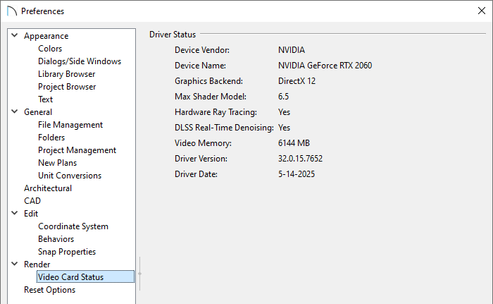 Video Card Status panel of the Preferences dialog