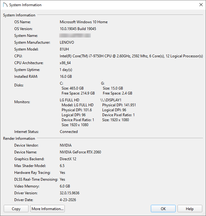 System Information dialog within Home Designer 2027 and newer versions