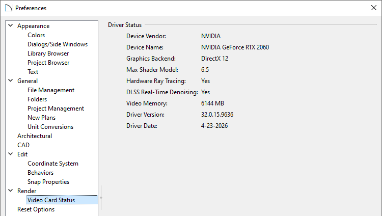 Video Card Status panel of the Preferences dialog
