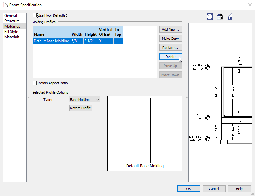 Deselecting the Use Floor Defaults checkbox and deleting a base molding