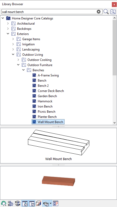 Finding the Wall Mount Bench in the Library Browser