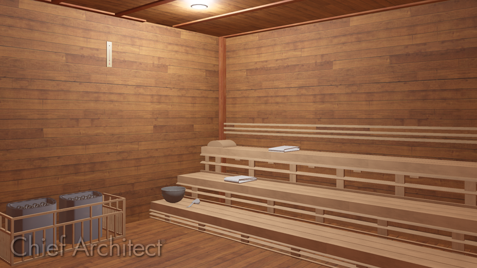 Sauna room with heaters and wood benches