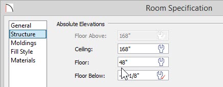 Room Specification dialog for Kitchen showing 48” entered for Floor value