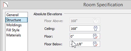 Room Specification dialog for Living Room showing 0” entered for Floor value