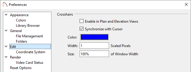 Crosshair settings are located on the Edit panel within the Preferences dialog