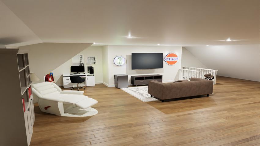 3D camera view of a room above a garage