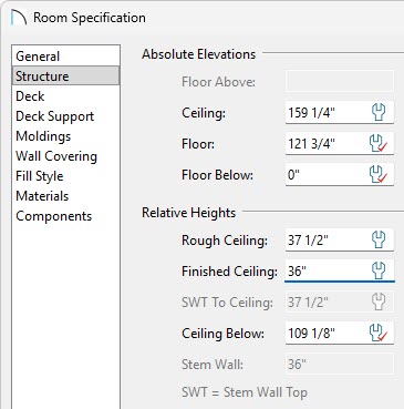 Set the Finished Ceiling height of the selected room on the Structure panel of the Room Specification dialog