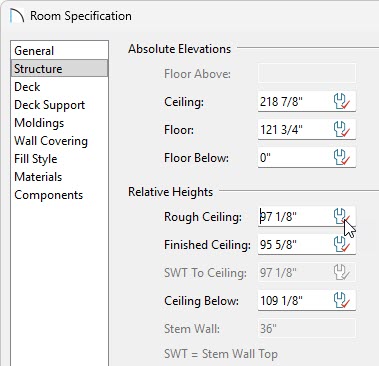 Structure panel of the Room Specification dialog