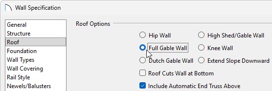 Roof panel of the Wall Specification dialog in which the Full Gable Wall option is selected