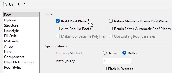 Set the pitch and build the roof by accessing the Build Roof dialog