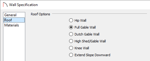 Roof panel of the Wall Specification dialog in which the Full Gable Wall option is selected