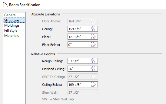 Set the Finished Ceiling height of the selected room on the Structure panel of the Room Specification dialog