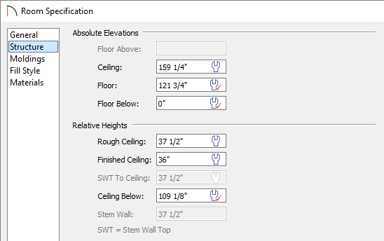 Set the Finished Ceiling height of the selected room on the Structure panel of the Room Specification dialog