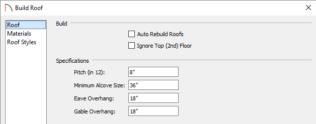 Set the pitch and build the roof by accessing the Build Roof dialog