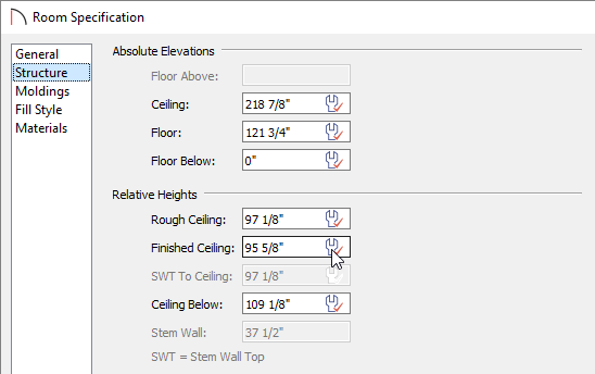 Structure panel of the Room Specification dialog