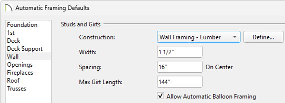 Automatic Framing Defaults on the Wall panel changing the Default Spacing