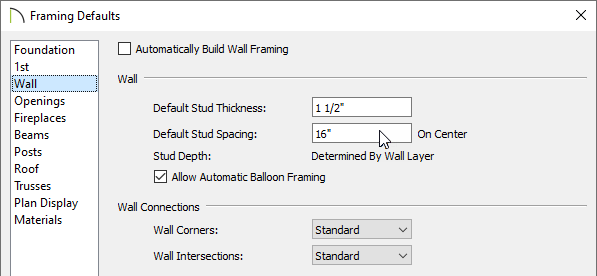 Framing Defaults on the Wall panel changing the Default Stud Spacing