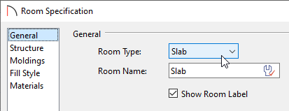 Use the Room Type Dropdown to set the Room to Slab