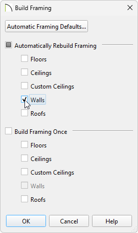 Check the Walls box under one of the sections in the Build Framing dialog