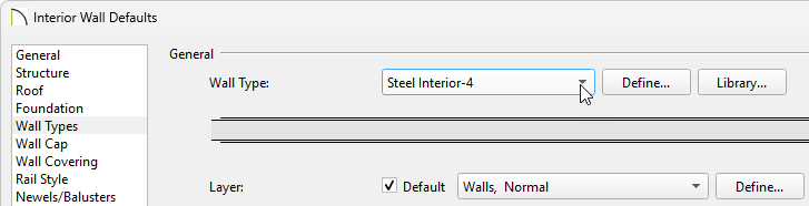 Change the default interior wall to your steel frame wall type