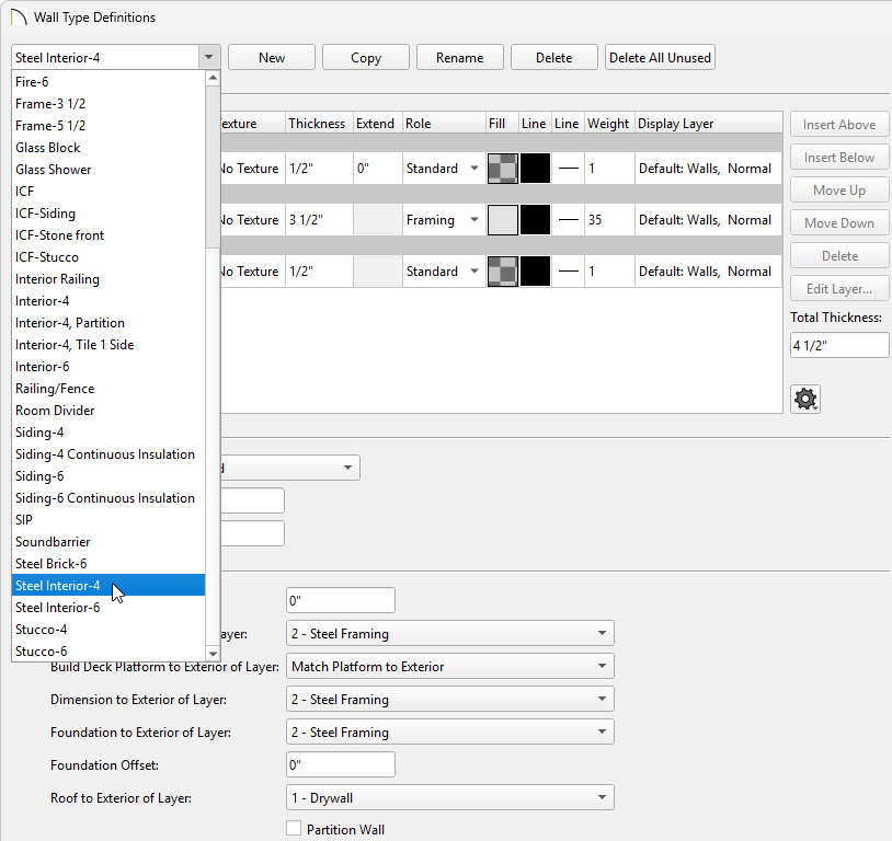 Selecting the Steel Interior-4 wall type using the drop-down in the Wall Type Definitions dialog