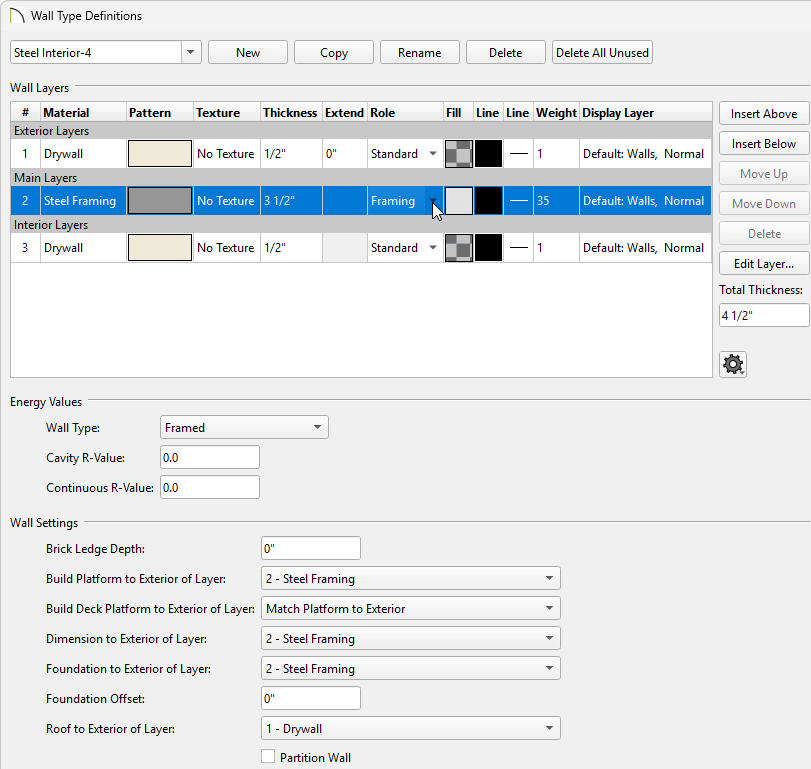 Main Layer selected in the Wall Types Definitions dialog