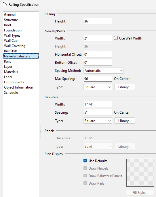On the Newels/Balusters panel you can customize your railing.