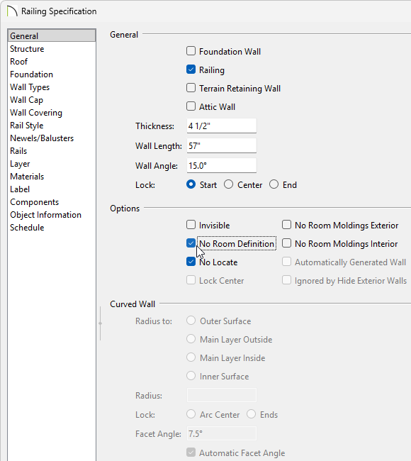 In the Railing Speficiation, on the General panel, check the box for No Room Definition.