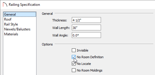Checking the No Room Definition box, located on the General panel of the Railing Specification dialog