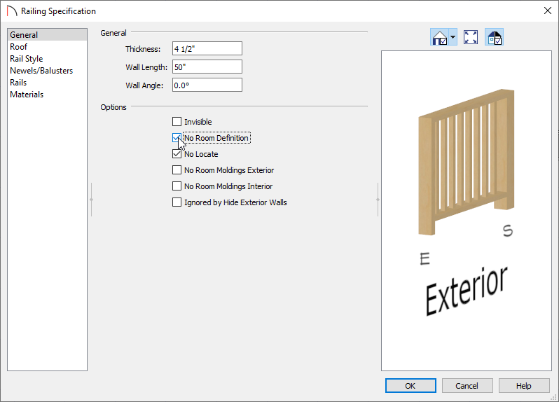 Checking the No Room Definition box, located on the General panel of the Railing Specification dialog