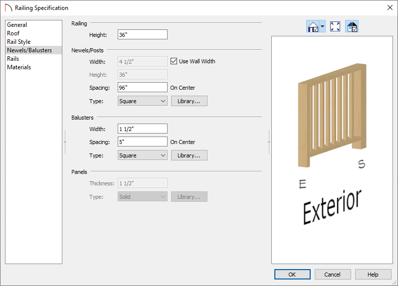 Newels/Balusters panel of the Railing Specification dialog