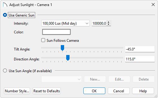 Adjust Sunlight dialog 