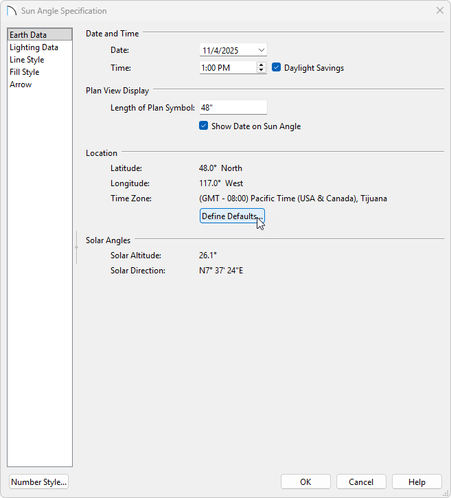 Earth Data panel of the Sun Angle Specification dialog