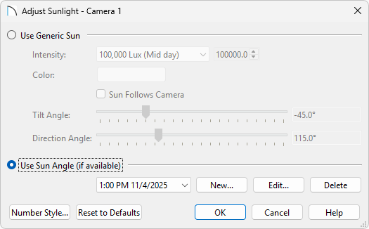 Adjust Sunlight dialog in Home Designer