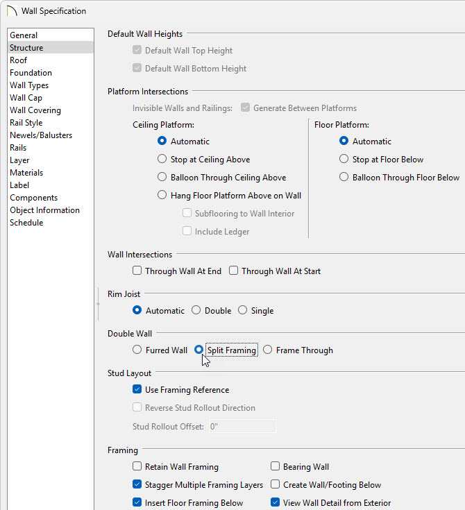 In the Wall Specification, on the Structure panel, check the box for Split Framing
