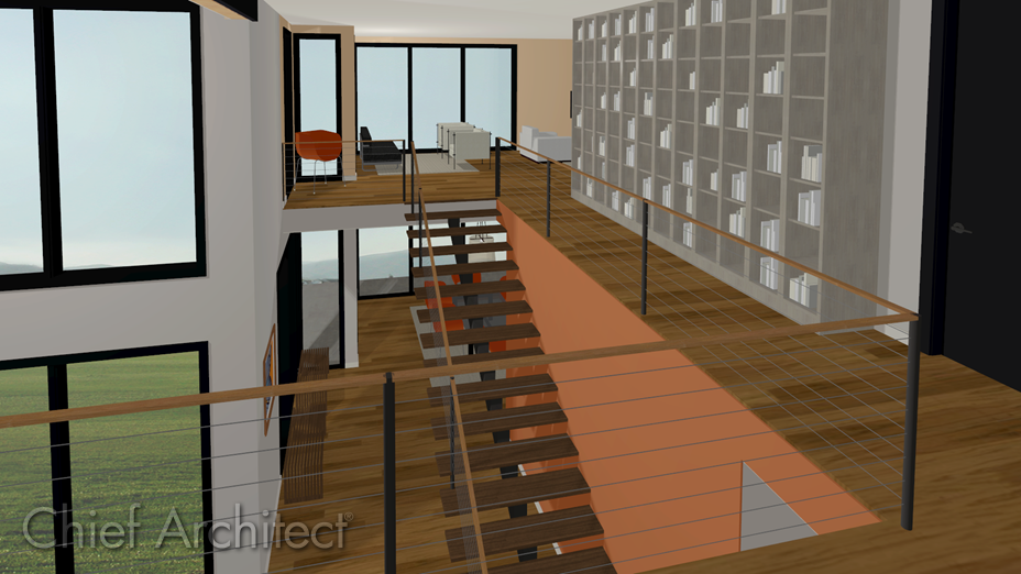 Staircase and railings with cable railings Cable railings applied to a hallway and staircase
