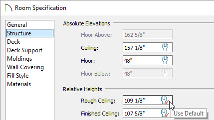 Rough Ceiling Default Setting Rough ceiling default setting in room specification