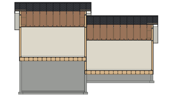 Cross section view of a split level structure