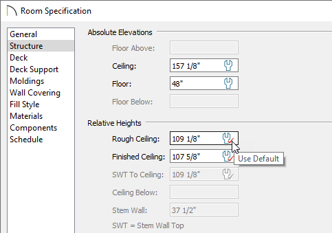 Rough ceiling default setting in room specification