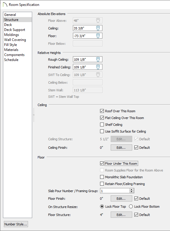 Changing the rough ceiling in the Room Specification dialog