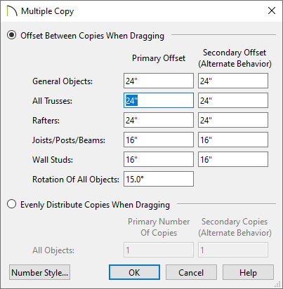 Multiple Copy settings dialog showing the offset distance for trusses.