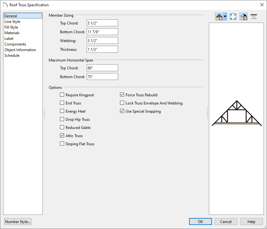 Roof Truss Specification dialog open to the General panel with specifications for the bottom chord depth and the options for Attic Truss and Force Truss Rebuild enabled.